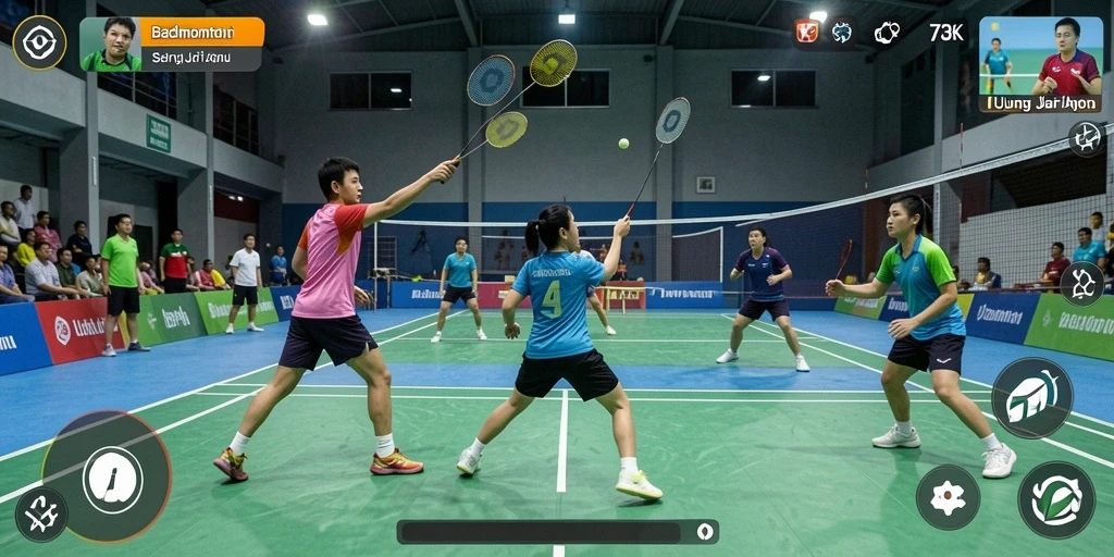Antarmuka 73K menampilkan aksi badminton yang seru dan intuitif.