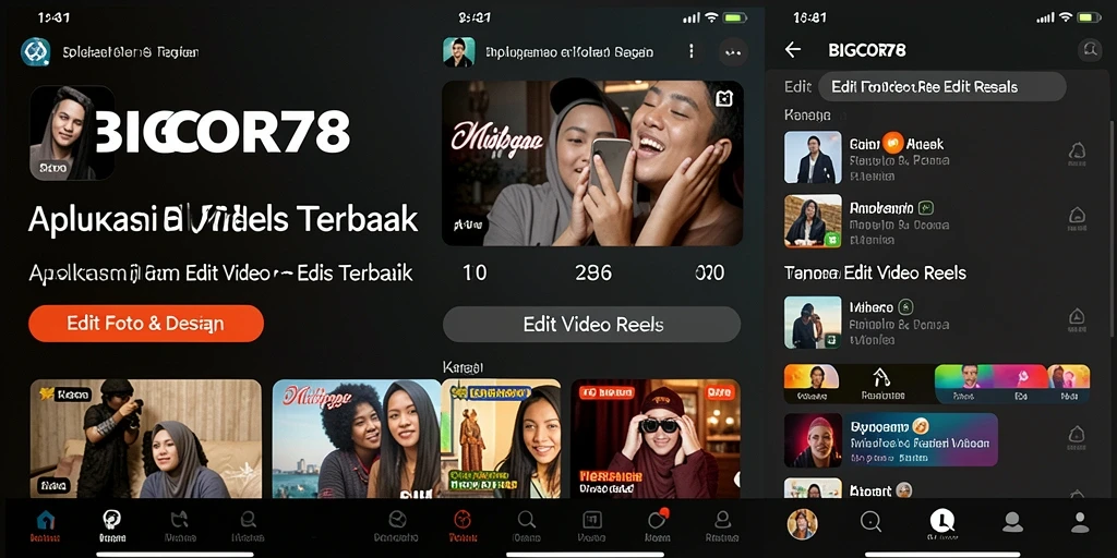 Antarmuka aplikasi BIGCOR78 untuk editing video reels.