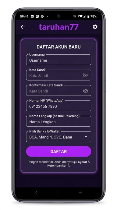 Tampilan halaman daftar taruhan77